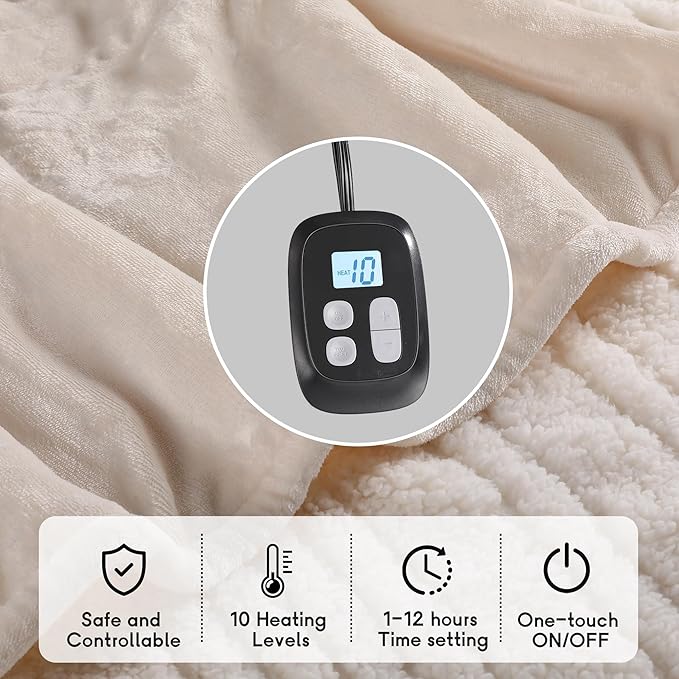 Heated Electric Blanket King Size 90''x100'', Dual Controller Soft Flannel with 10 Heat Settings 1-12 Hour Auto Off Large Blanket for Bed - White