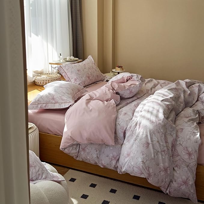 AOJIM Aesthetic Pink Duvet Cover Set with Gardenia Patterns for Room Decor, Pure Cotton Comforter Cover Set 3pcs for Kids Adults, 1 Soft Cozy Printed Quilt Cover Queen Size and 2 Pillowcases