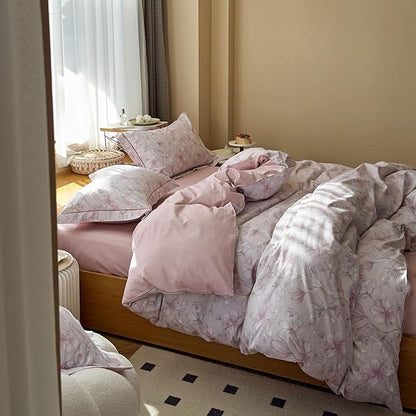 AOJIM Aesthetic Pink Duvet Cover Set with Gardenia Patterns for Room Decor, Pure Cotton Comforter Cover Set 3pcs for Kids Adults, 1 Soft Cozy Printed Quilt Cover Queen Size and 2 Pillowcases