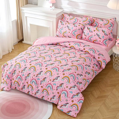 Glow in The Dark Kids Comforter Set， 4 Pieces Pink Unicorn Bedding Set Full Size for Boys Girls Teen, 1 Comforter, 1 Pillowcase, 2 Pillow Shams