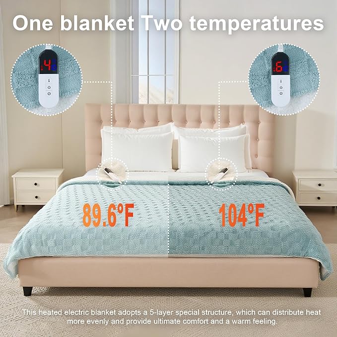 Electric Blanket, Heated Blanket with 6 Heat Levels & 10 Hours Auto Off, Soft Checked Flannel Fast Heating Blanket with ETL & FCC Certification (Green, 62"X84")