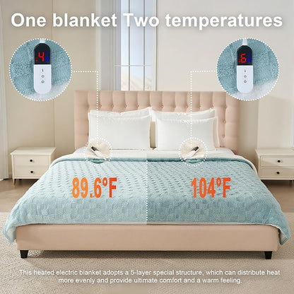 Electric Blanket, Heated Blanket with 6 Heat Levels & 10 Hours Auto Off, Soft Checked Flannel Fast Heating Blanket with ETL & FCC Certification (Green, 84"X90")