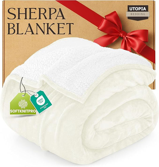 Utopia Bedding Sherpa Blanket Queen Size (Ivory, 90x90 Inches) - Soft Lightweight Plush Fleece Reversible Blanket for Bed, Sofa, Couch, Camping and Travel
