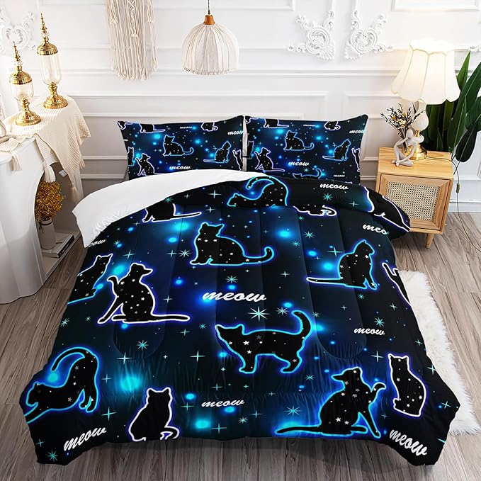 Kawaii Pet Cat Comforter 3Pcs Queen Gradient Line Cute Kitten Animal Bedding Set for Kids Teens Girls Boys Cat Glitter Polka Dots Pattern Quilt Bed Decor with 1 Comforter and 2 Pillowcases