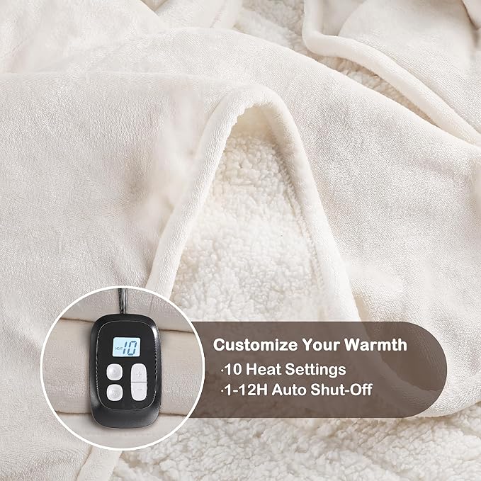 Electric Heated Blanket Full Size - 72"x84", Soft Flannel Heating Blanket, 10 Heating Levels, 1-12 H Auto Shut Off, Breathable Warm and Washable for Bed, White