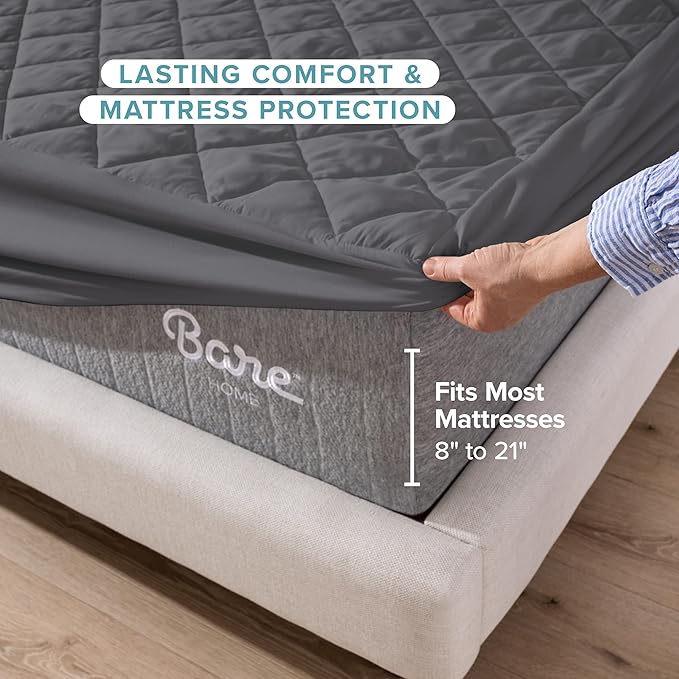 Bare Home Twin Quilted Fitted Mattress Pad - Cooling Mattress Cover - Easily Washable - Elastic Fitted Cover for Mattress - Stretch-to-Fit up to 15 Inches Deep (Twin, Grey)