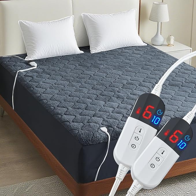 California King Size Heated Mattress Pad Sherpa Electric Mattress Pads Electric Bed Warmer Fit up to 21" with 6 Heat Settings Dual Controller 10 Hours Auto Shut Off, Dark Gray