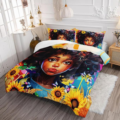 Black Girl Queen Size Comforter Set for Girls, African American Girl Bedroom Decor with Sunflower and Butterfly, 1 Comforter and 2 Pillowcases