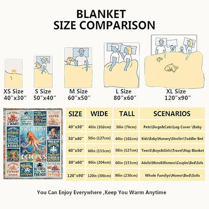 Octopus Blanket Ocean Animal I Just Really Like Octopus Throw Blanket Gifts for Kids Adults Soft Flannel Blanket for Sofa Couch Bed Warm Cozy Home Decor for All Seasons,90"x 120"for King/Oversize
