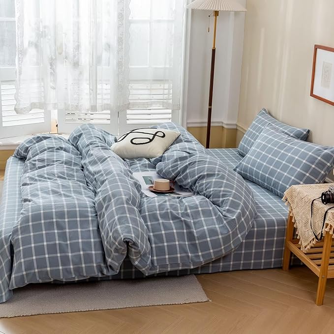BuLuTu Blue White Plaid Duvet Cover Twin 100% Washed Cotton Comforter Cover Set Modern Buffalo Plaid Bedding Set for Kids, Grid Gingham Duvet Cover and 2 Pillowcases for All Seasons