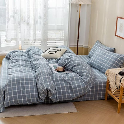 BuLuTu Blue White Plaid Duvet Cover Twin 100% Washed Cotton Comforter Cover Set Modern Buffalo Plaid Bedding Set for Kids, Grid Gingham Duvet Cover and 2 Pillowcases for All Seasons