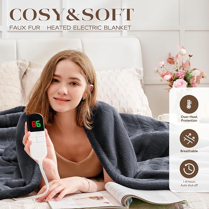 Premium Heated Blanket Twin 62"×84" - Ultra Cosy Soft Electric Blanket with 8 Heating Levels,Plush Fast Heating Faux Rabbit Fur Blanket for Bed & Couch - Auto Shut Off,Machine Washable (Grey)