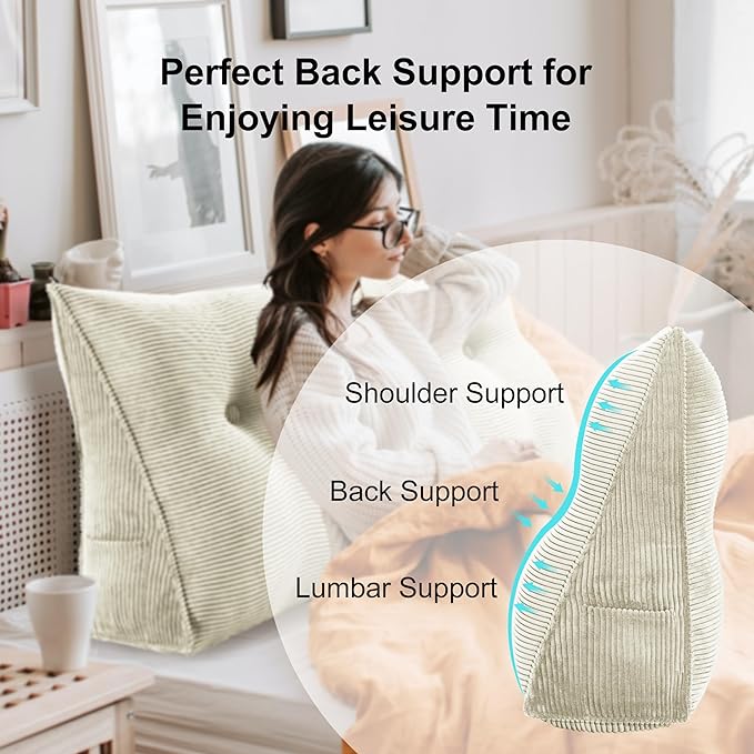 WOWMAX 100% Cotton Corduroy Headboard Pillow – California King Size Back Support Reading Wedge for Bed & Daybed, Plush Handmade Bolster Cushion with Removable Cover, Cozy Bed Rest Pillow, White