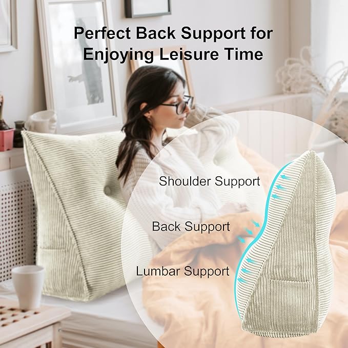 WOWMAX 100% Cotton Corduroy Headboard Pillow – Queen Size Back Support Reading Wedge for Bed & Daybed, Plush Handmade Bolster Cushion with Removable Cover, Cozy Bed Rest Pillow, White