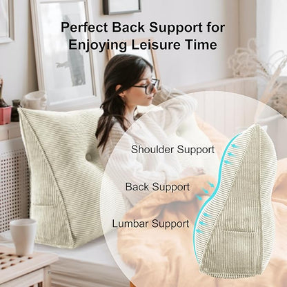 WOWMAX 100% Cotton Corduroy Headboard Pillow – Queen Size Back Support Reading Wedge for Bed & Daybed, Plush Handmade Bolster Cushion with Removable Cover, Cozy Bed Rest Pillow, White