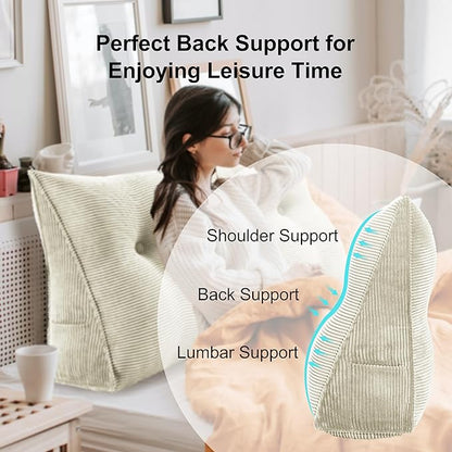 WOWMAX 100% Cotton Corduroy Headboard Pillow – Twin Size Back Support Reading Wedge for Bed & Daybed, Plush Handmade Bolster Cushion with Removable Cover, Cozy Bed Rest Pillow, White