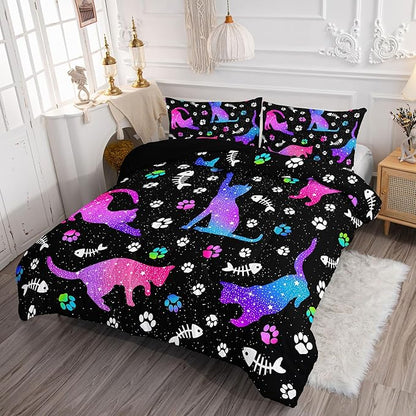 Axolotl Kids Gradient Cat Comforter Set King,3Pcs Cute Cats Bedding,Cartoon Paw Fish Bone Print Quilt Set with 1 Comforter 2 Pillowcases,Glitter Stars Bedding for Kids Boys Girls Teens Adults