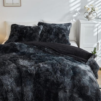 Wajade Faux Fur Plush Tie Dye Black Comforter Set Fluffy Fuzzy Shaggy Bedding Set - 3PC Full Size Microfiber Soft Warm Quilt Set