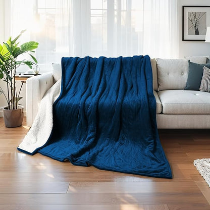 Electric Heated Blanket Twin Size 62"×84", 5 Heat Settings- 10H Auto Shut Off Flannel Material&Sheepskin Fabric, Machine Washable, Dark Blue&White