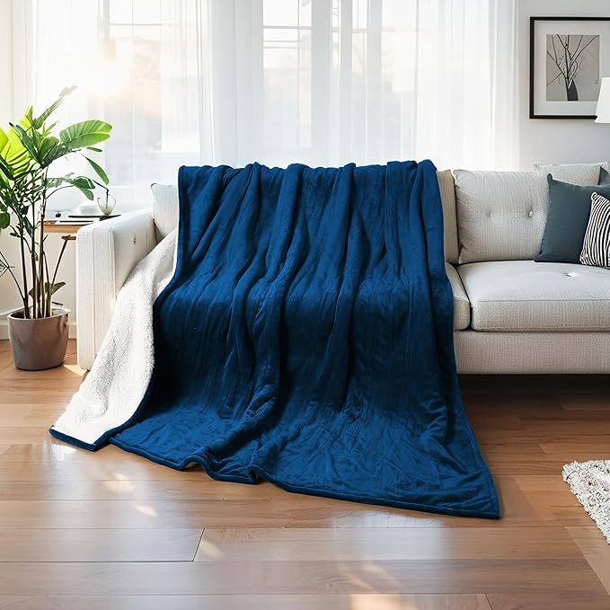 Heated Electric Blanket Throw Size 50"x60" Thickened Flannel and Sherpa Heated Blanket,3 Hours Timer Auto-Off & 5 Heating Levels,for Bedroom Office Couch-DarkBlue