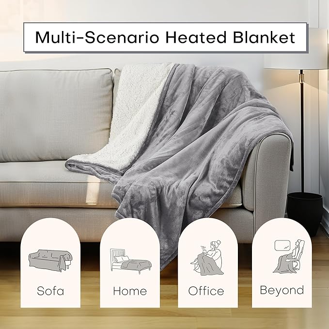50"x60" Heated Electric Blanket Throw Thickened Flannel and Sherpa Heated Blanket, 3 Hours Timer Auto-Off & 5 Heating Levels, Machine Washable, Ash Gray