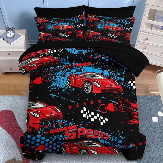 Nesker 7 Pcs Comforter Set Full Size, Red Black Sports Car Bedding for Kids Teen, Auto Race with Fitted Sheet 2 Pillowcases & 2 Shams for Bedroom Bed Decor