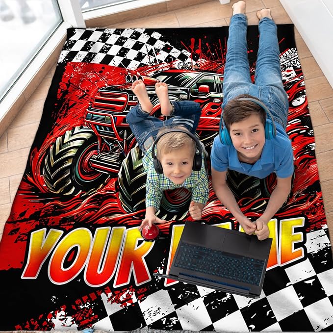 Personalized Blanket for Boys, Truck Throw Blanket Gifts for Kids Teens, 50"x60" Cool Custom Flannel Blankets Gift for Son Cars Lovers Lightweight Throws for Couch Sofa Bed Decor