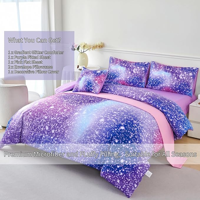 RYNGHIPY 6Pcs Girls Bedding Set Full Size Purple Rainbow Comforter Set for Kids Teens Girls Glitter Bed in a Bag Lightweight Fluffy