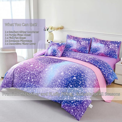 RYNGHIPY 6Pcs Girls Bedding Set Full Size Purple Rainbow Comforter Set for Kids Teens Girls Glitter Bed in a Bag Lightweight Fluffy
