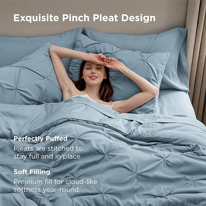 Bedsure Queen Comforter Set Light Blue - Bed in a Bag Queen Size Bedding 7 Pieces, GentleSoft™ Pintuck Bed Set Gift for Family, Pinch Pleat All Season Comforter with Sheets, Pillowcases & Shams