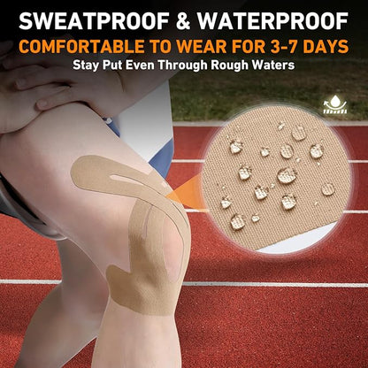 PreCut Kinesiology Tape for Knees, 24PCS Waterproof KTQUICK Knee Tape for Knee Pain Relief Pre Cut, Original Cotton Athletic Knee Tape, Waterproof & Hypoallergenic Latex-Free for Sports(Beige)