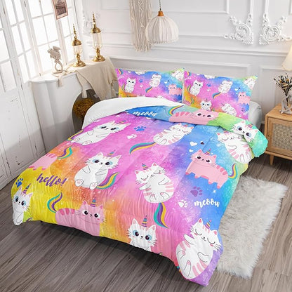 Axolotl Cat Bedding Comforter Set King,Cartoon Cat Bedding,Rainbow Gradient Printed Kids Bedding Set for Girls Adults Teens,Cute Kids Comforter All Season,1 Quilt 2 Pillow Cases,Colorful Pink Blue
