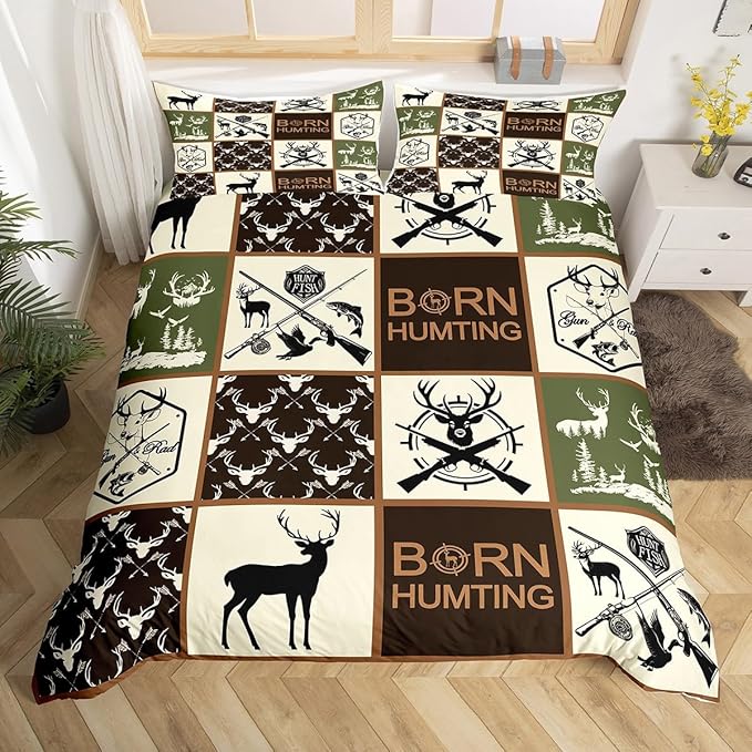 Castle Fairy Hunting Deer Antler Duvet Cover Set Twin Size,Fishing Arrow Wild Animal Comforter Cover for Kids Boys Bedroom Gift,Green Geometric Plaid Bedding Set with 1 Pillowcase Bedspread