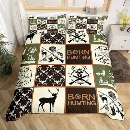 Castle Fairy Hunting Deer Antler Full Size Duvet Cover Set,Fishing Arrow Wild Animal Comforter Cover with 2 Pillowcases,3pcs,Green Geometric Plaid Polyester Bed Spread for Boys Teens Bedroom Decor