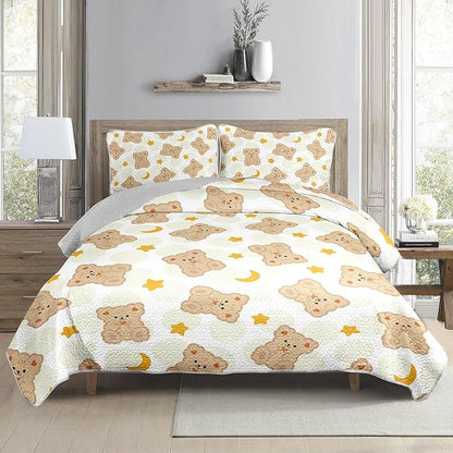 AILONEN Cute Bear Twin Size Quilted Bedspread Coverlet,Brown Teddy Bear Quilt Set 3Pcs,Soft Cartoon Animal Themed Bed Cover for Kids + 2 Pillowcases