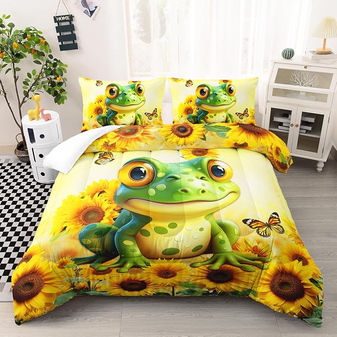 Cartoon Green Frog Comforter 3Pcs Full Yellow Sunflower Butterflies Bedding Set for Kid Teen Girl Boy Adult 3D Wild Animal Botanical Pattern Quilt Bed Decor with 1 Comforter and 2 Pillowcases
