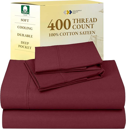 California Design Den King Size Sheets Set - Soft 400 Thread Count Sateen, Natural 100% Cotton Sheets with Deep Pockets, Breathable, and Durable Bedding Set - Burgundy Red
