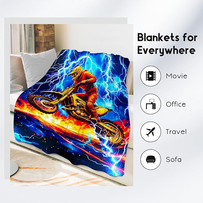Blanket for Boys, Dirt Bike Blanket for Kids Age 6-8, Motorcycle Throw Gifts with Lightning, Plush Throw for Teens, 50"x60"