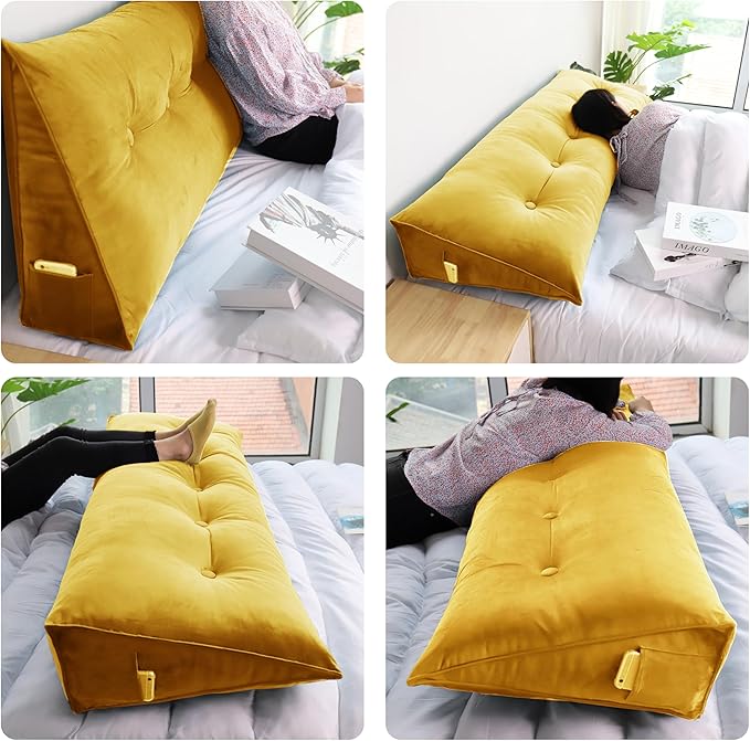 WOWMAX 100% Cotton Velvet Headboard Pillow – Twin Size Wedge Back Support Reading Bolster for Bed & Daybed, Handmade Firm Support Cushion with Removable Cover, Soft Luxury Bed Rest Pillow, Yellow