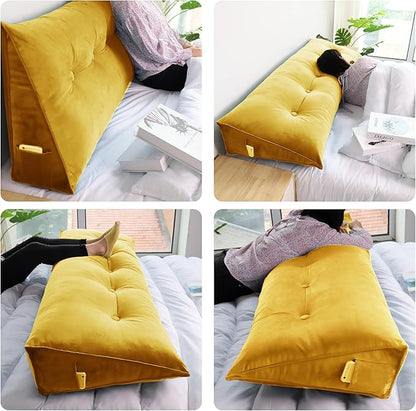 WOWMAX 100% Cotton Velvet Headboard Pillow – Twin Size Wedge Back Support Reading Bolster for Bed & Daybed, Handmade Firm Support Cushion with Removable Cover, Soft Luxury Bed Rest Pillow, Yellow