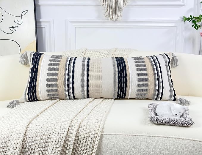 Chenille and Cotton Long Pillow for Bed, Striped Textured Boho Lumbar Throw Pillow Cover 12x36, Neutral Accent Decorative Extra Long Body Pillow Case for Couch, Sofa, Bedroom, Grey