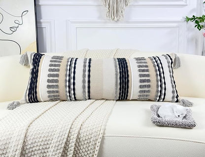 Chenille and Cotton Long Pillow for Bed, Striped Textured Boho Lumbar Throw Pillow Cover 16x36, Neutral Accent Decorative Extra Long Body Pillow Case for Couch, Sofa, Bedroom, Grey