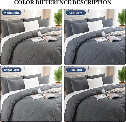 NEXHOME PRO Duvet Cover Queen 100% Washed Cotton, Organic Natural Linen Like Textured Breathable Durable Bedding Set Heather Black 9090