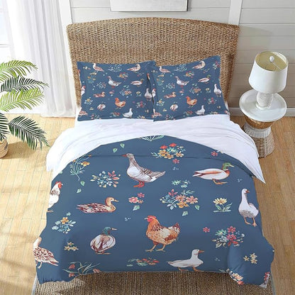 Chicken Duck Goose Theme 3 Pieces Duvet Cover Comforter Set with 2 Pillowcase King Size Farm Animal Bed Sheet Quilt Bedroom Bedding for Lover Kids