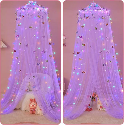 FIOBEE Bed Canopy for Girls Room Bed Canopy Curtains with Led Lights Mosquito Net DIY Princess Room Décor with Stars Butterflies for Kids Bedroom, Purple