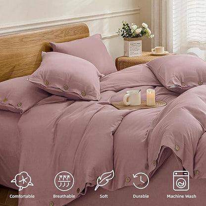 JELLYMONI Cotton Duvet Cover King Size - Pink Comforter Cover with Button 100% Washed Cotton 3PCS Breathable Soft Solid Bedding Set Duvet Cover 104×90in & 2 Pillowcases (NO Comforter)