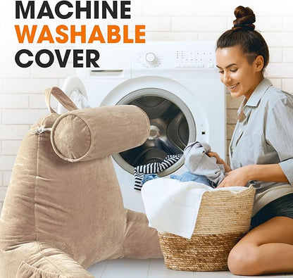 Cheer Collection Reading Pillow Chair - Chair Pillow with Arms and Detachable Neck Bolster for Bed & Couch - Machine Washable, Taupe