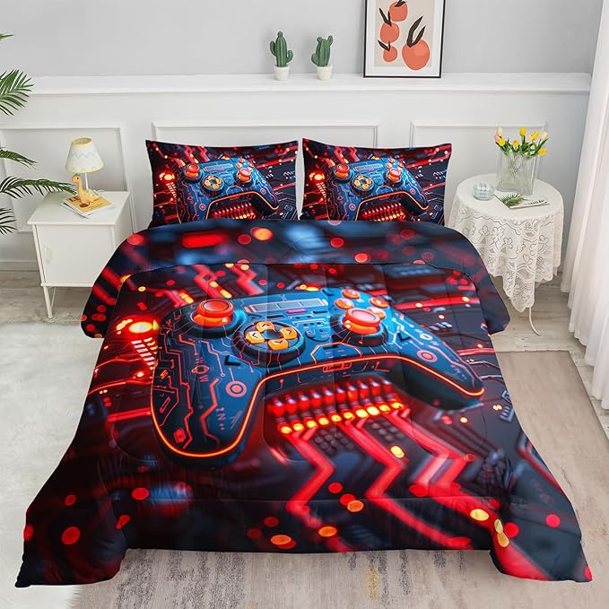 3D Gamepad Comforter Set Cartoon Machinery Printed Bedding Set with 1 Comforter and 2 Pillowcases for Boys and Girls Bedroom All Season(Gamepad-3 Queen)