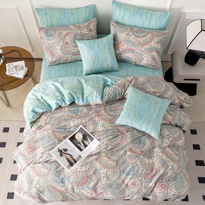 Paisley Queen Duvet Cover 100% Soft Cotton 3 Pieces Queen Exotic Bohemian Bedding Set Luxury Boho Vintage Chic Pattern Printed Queen Reversible Striped Queen Duvet Cover with Zipper Closure