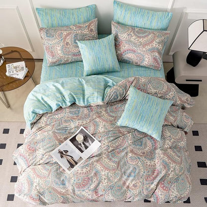 Paisley Queen Duvet Cover 100% Soft Cotton 3 Pieces Queen Exotic Bohemian Bedding Set Luxury Boho Vintage Chic Pattern Printed Queen Reversible Striped Queen Duvet Cover with Zipper Closure